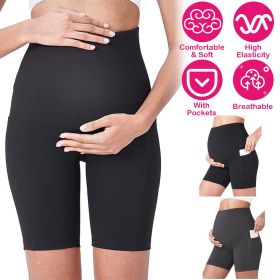 Women Maternity Shorts Seamless Pregnancy Underwear Shapewear Fitness Yoga Running Shorts High Waist Over The Belly Pants with Two Side Pockets (Option: BLK_2XL)