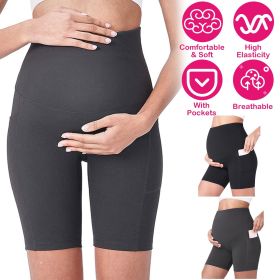 Women Maternity Shorts Seamless Pregnancy Underwear Shapewear Fitness Yoga Running Shorts High Waist Over The Belly Pants with Two Side Pockets (Option: GRY_L)